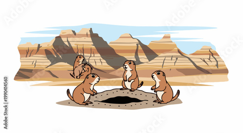 Group of prairie dogs gathered around a burrow in a desert canyon landscape