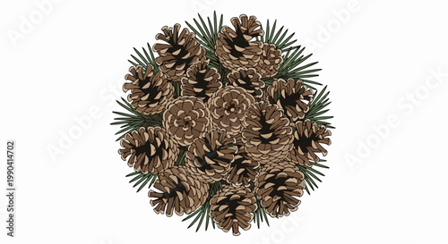 A circular arrangement of many brown pine cones and green pine needles