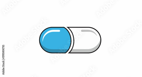 A simple, stylized illustration of a blue and white capsule