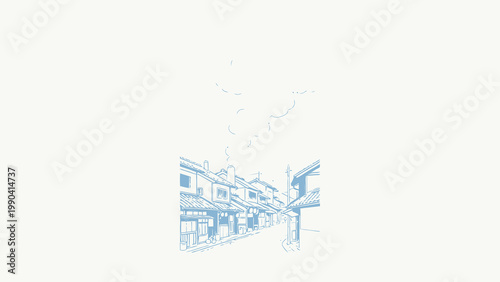 Minimalist Line Art Illustration of a Quiet Morning Street Lined with Traditional Townhouses, With Rising Cooking Smoke Blending Into Soft Clouds Against a Plain Off-White Background