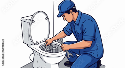 A person in blue uniform kneeling to fix a toilet with wrenches