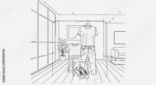 Casual outfit laid out near window t-shirt, jeans, sneakers, plant, chair, couch