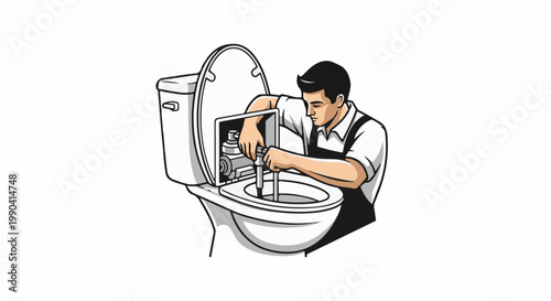 Repairman fixing a toilet with tools