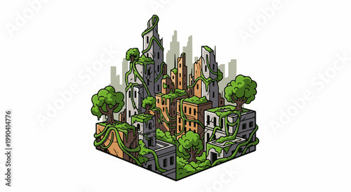 Overgrown ruins of a city with trees and vines reclaiming structures