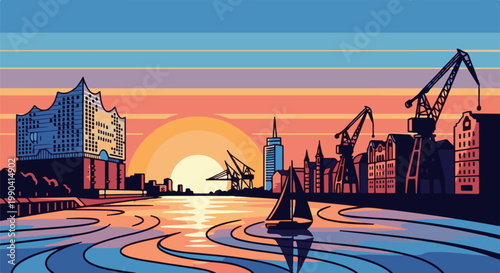 Pixel art harbor at sunset with a sailboat and industrial cranes