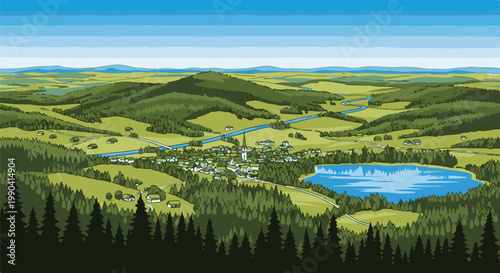 Pixelated panoramic view of a tranquil European village nestled amidst rolling green hills and lush forests, with a winding river and serene lake