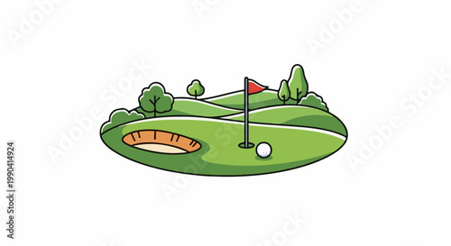 A cartoon-style golf hole with a flag, ball, sand trap, and rolling green hills