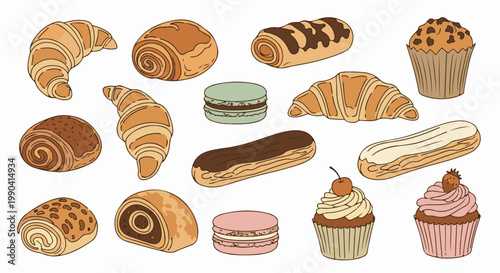 Assorted sweet pastries and baked goods including croissants, eclairs, macarons, cupcakes, and rolls