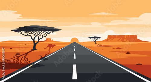 A lone kangaroo hops beside a desert road leading to a flat-topped mountain under a warm sky