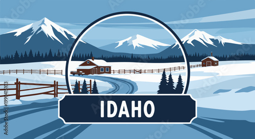 A scenic, wintry Idaho landscape featuring snow-capped mountains, rustic cabins, and a winding road