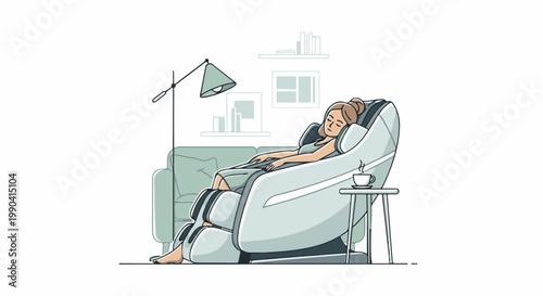 A woman relaxes in a massage chair, eyes closed, a cup of tea nearby, under a floor lamp