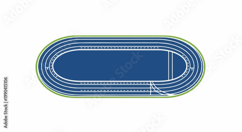 A blue and green athletic track with white lane markings on a white background