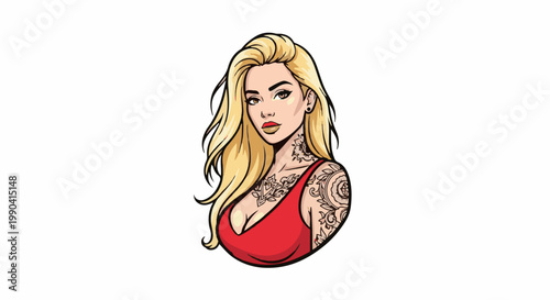 Tattooed woman with blonde hair in a red top