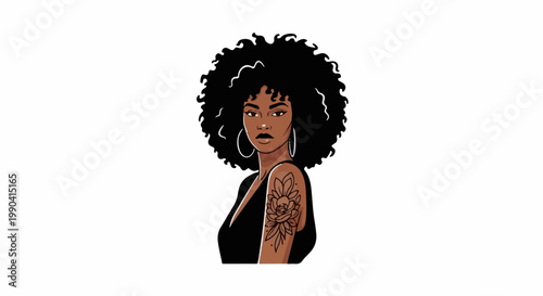 Stylized portrait of a Black woman with large afro, hoop earrings, and arm tattoo