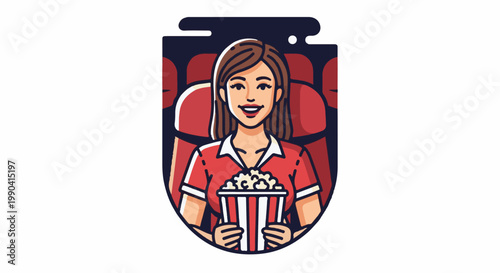 Woman happily watching a movie in a cinema, holding a popcorn bucket