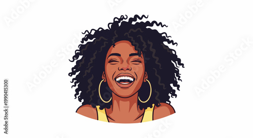 A cheerful woman with dark curly hair and a wide, happy smile, wearing hoop earrings and a yellow top