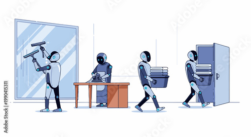 Robots perform domestic chores window washing, ironing, and laundry delivery