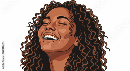 Artistic portrait of a joyful woman with lush curly hair thrown back in laughter, eyes closed