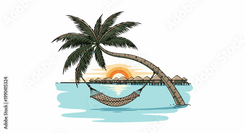 A tropical paradise with a palm tree, hammock, bungalows, and a sunset