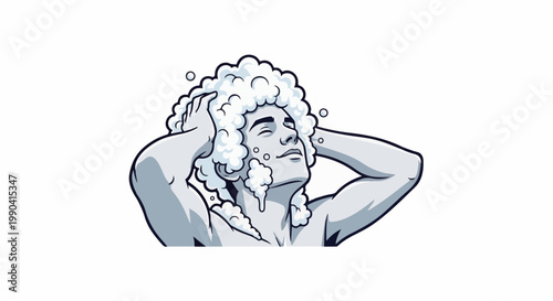 A man with curly hair enjoys a refreshing shower, lathered in suds