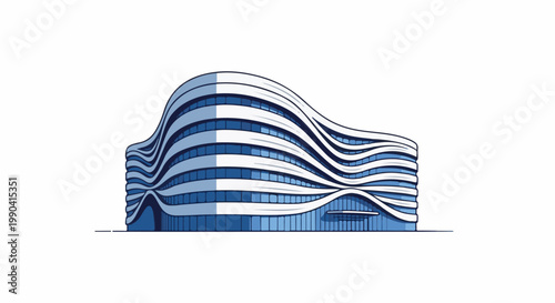 A modern, multi-story building with a wavy facade, featuring layered blue glass windows and white curved architectural elements