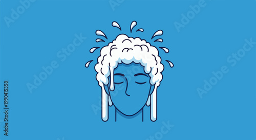 Blue head with closed eyes covered in white foam and dripping water