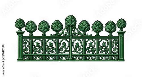 Ornate green fence with artichoke finials, decorative scrollwork, and leaf motifs