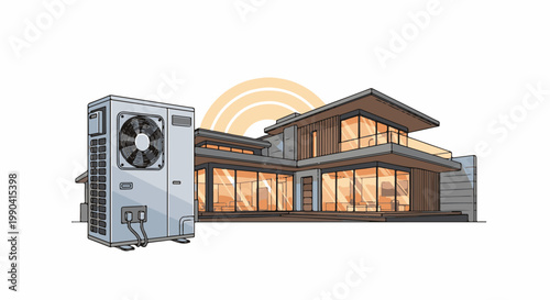 Modern house with exterior air conditioning unit and radiant heat lines