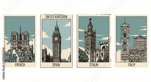 Four illustrated landmark postcards French, Spanish, Stalin, and Italian
