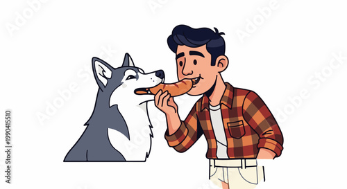 Man sharing a sausage with his dog