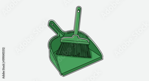 Green dustpan and brush set, isolated on white background