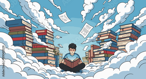 A young person sits cross-legged reading amidst towering stacks of books and floating papers