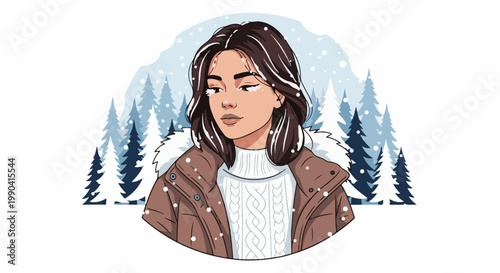 A young woman in a cozy winter coat and sweater stands before a backdrop of snow-covered evergreen trees