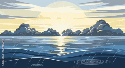 Pixel art stormy seascape with sun breaking through clouds and rain on water