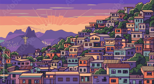 Pixelated hillside homes at sunset with a distant statue and mountains