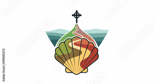Stylized scallop shell with winding path leading to a Celtic cross on a backdrop of layered hills