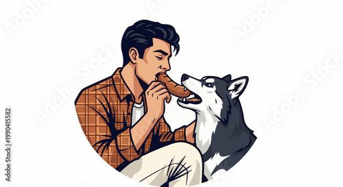 Man shares a treat with a husky dog