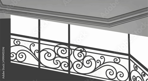 Intricate wrought iron railing with scrollwork, set against a bright window and dark shadow