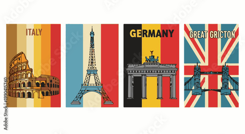 Vintage postcard art featuring iconic European landmarks and national flags