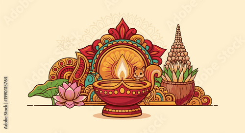 Festive scene with a lit diya, lotus, squirrel, and ornate decorations