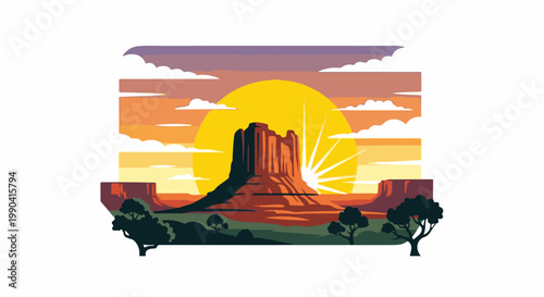 Vibrant desert landscape at sunset with a monumental rock formation