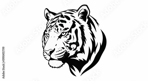 Stylized black and white graphic of a tiger's head, facing left, with bold stripes and sharp lines