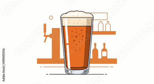 Refreshing amber beverage with frothy head in a glass, set against a minimalist bar scene with taps and bottles