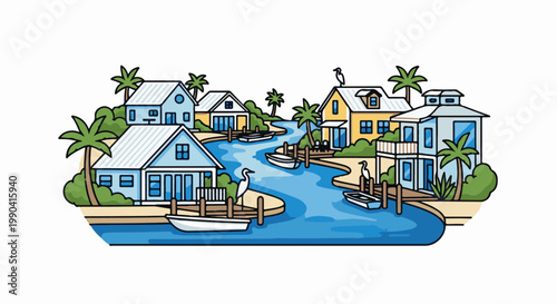 Tropical canal houses with boats and birds on a white background