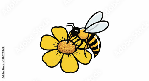A cartoon bee with black and yellow stripes is gathering nectar from a bright yellow flower