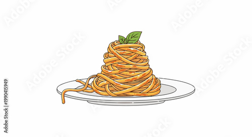 A pile of delicious pasta with sauce and basil leaves on a white plate