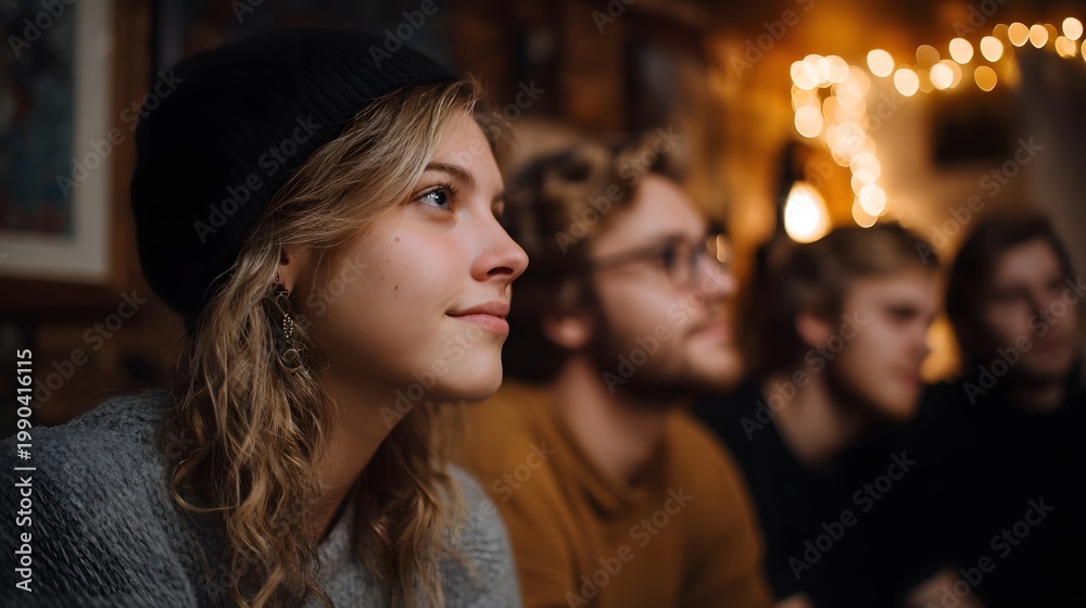 Fototapeta premium A thoughtful woman is featured in the foreground surrounded by a group of friends sharing a warm intimate moment in a dimly lit setting