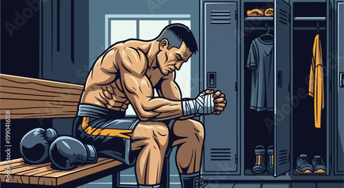 Muscular athlete in locker room, hands clasped, head down, near boxing gloves and gym lockers