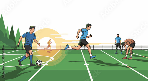 Athletes practice soccer on a field at sunset, with trees in the background