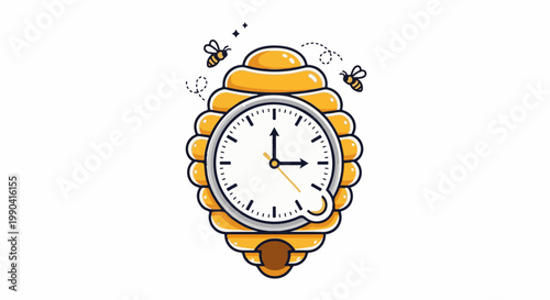 A stylized beehive resembling a clock, with bees flying around